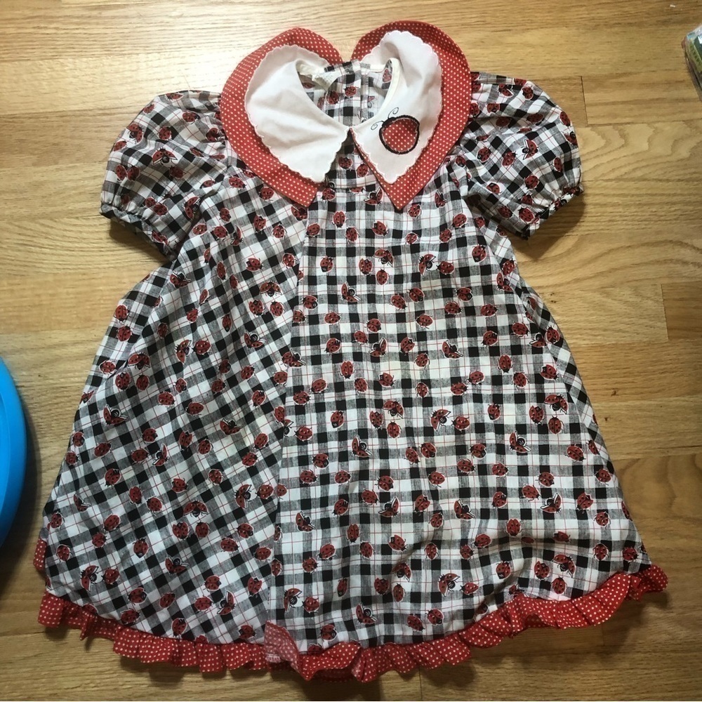 Vintage Lady Bug Collared Dress Sz 6 Made in USA Black Red White Kids Plaid